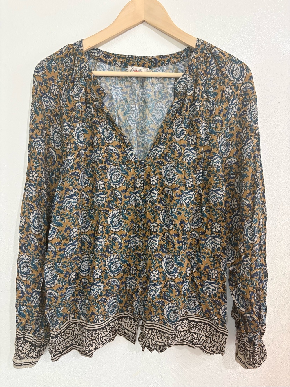 Faherty Naomi Top Boho Floral Print V-Neck‎ Blouse Long Balloon Sleeve Size L